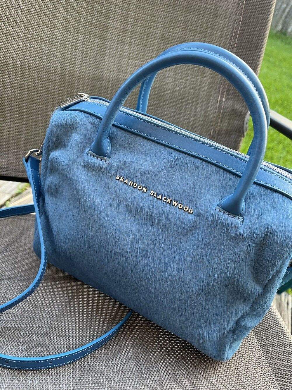 Brandon Blackwood Blue Ponyhair Medium Cara Duffle Bag Y2K Bowler Crossbody Clas